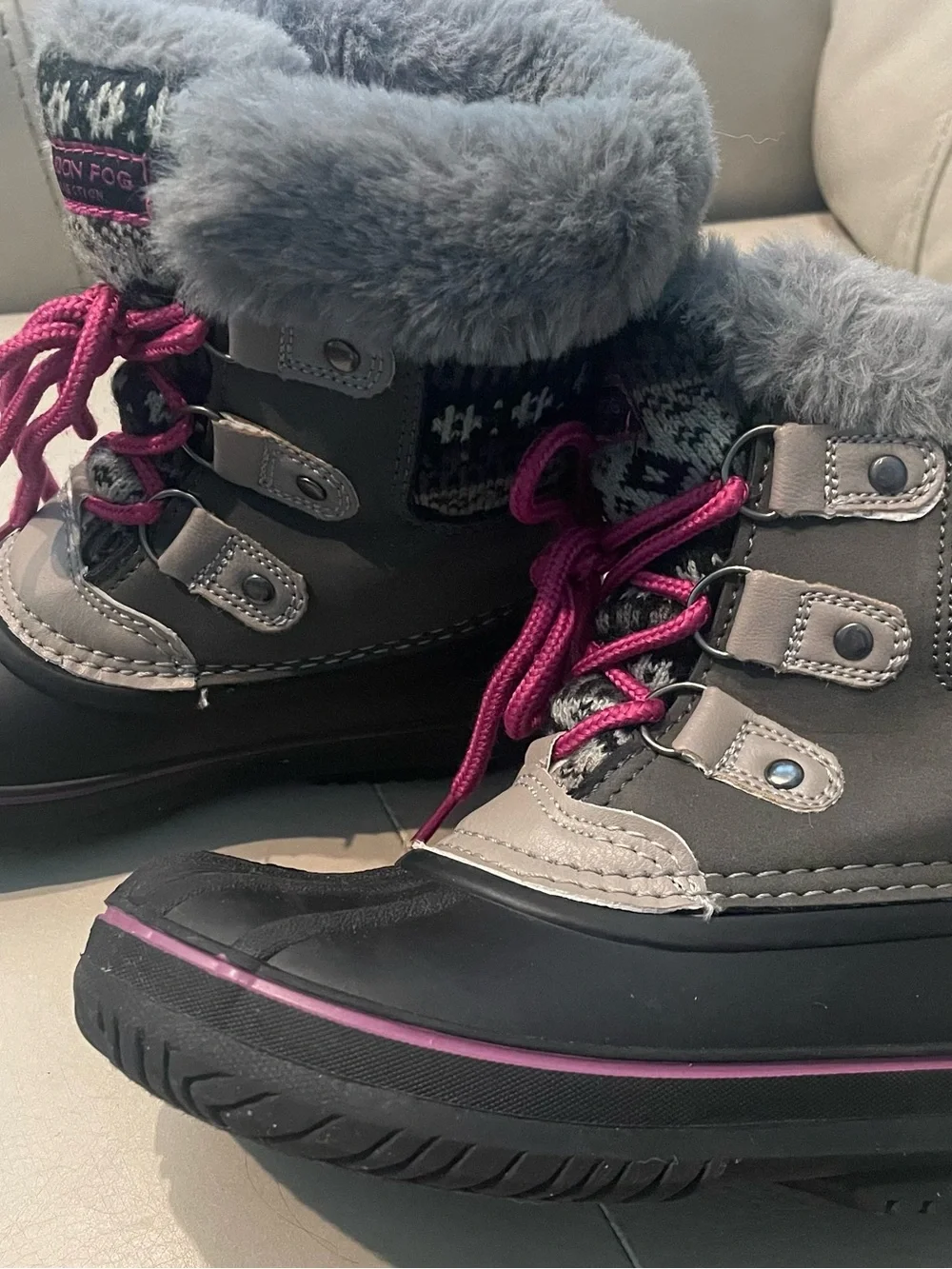 London Fog Grey Kids Snow Boots with Pink Accents